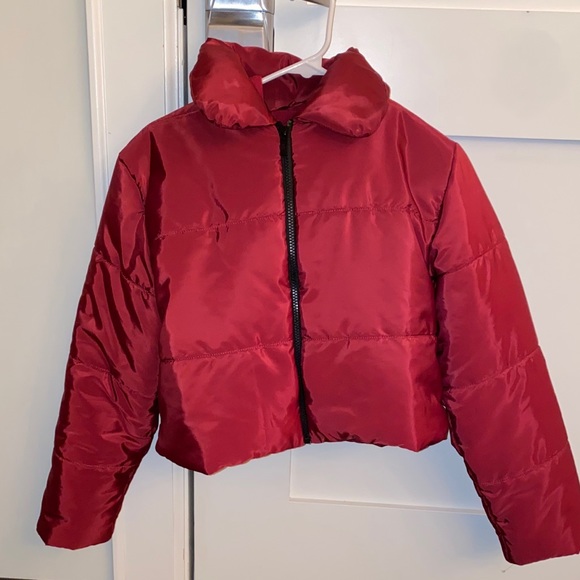 red cropped puffer jacket